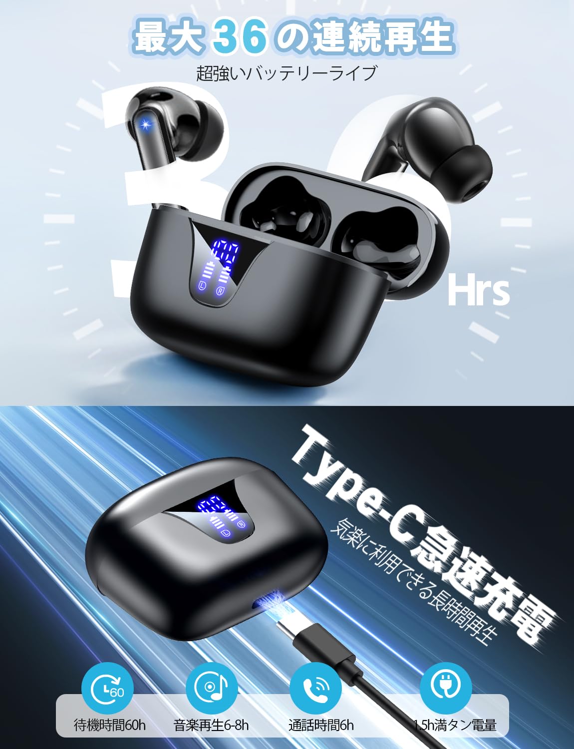 A1 Bluetooth ワイヤレスイヤホン 自動ペアリング IPX7防水